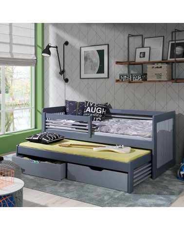 Lit gigogne Anatol avec barrière gris et graphite personnalisable pour chambre enfant