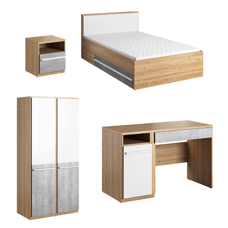 Pack mobilier chambre ado PLANO lit avec matelas + bureau + chevet + armoire