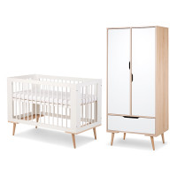 Pack lit bébé 120 + armoire double blanc et hêtre