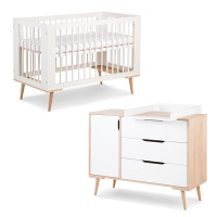 Pack lit bébé 120 + commode à langer SOFIE blanc et hêtre