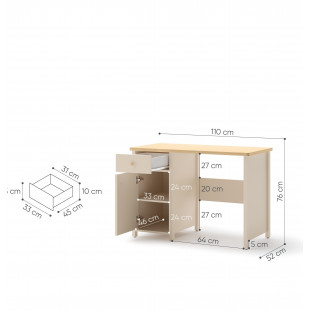 Bureau beige et chêne vincenza STORY 2 option miroir ou rangements